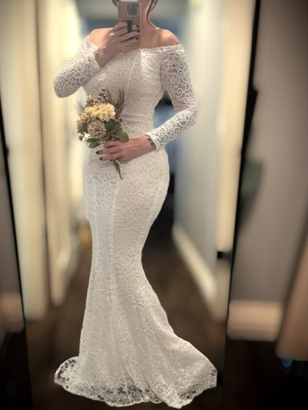Off-Shoulder White Lace Bodycon Maxi Dress Size S Mermaid Bridal Prom Wedding